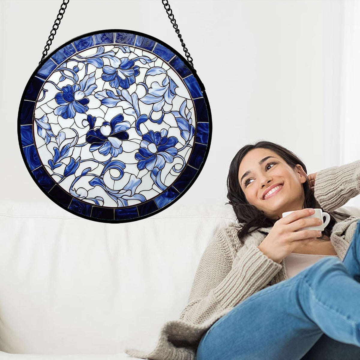 Stained Glass Window Hanging, Blue and White Abstract Flowers Sun Catcher for Door Home Decor