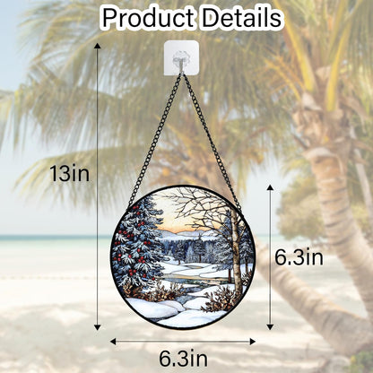 Stained Glass Window Hanging, Winter Snow Landscape Suncatcher Diamond Glass Panel Sun Catchers