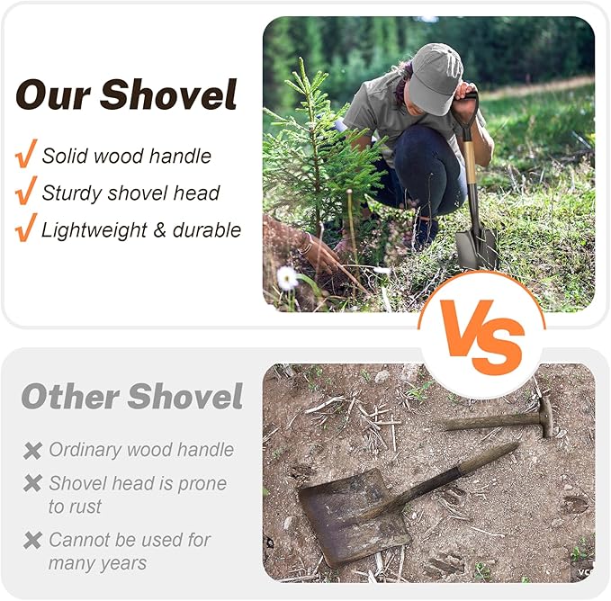 VNIMTI Shovel for Digging, Round Small Shovel with Wooden D-Handle, Metal Garden Shovel for