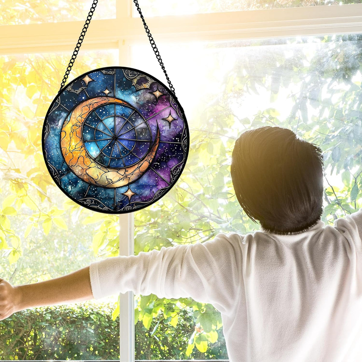Stained Glass Window Hanging, Blue Starry Sky Moon Astrolabe Suncatcher for Doors Home Sun Catchers