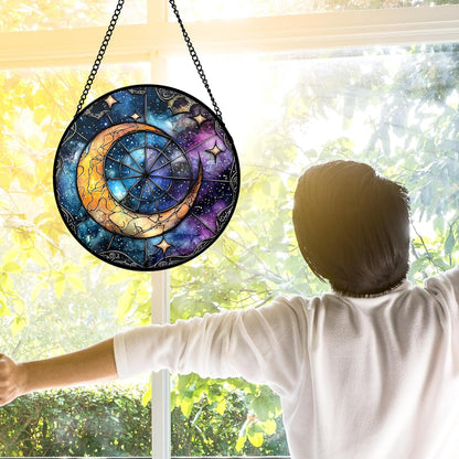 Stained Glass Window Hanging, Blue Starry Sky Moon Astrolabe Suncatcher for Doors Home Sun Catchers