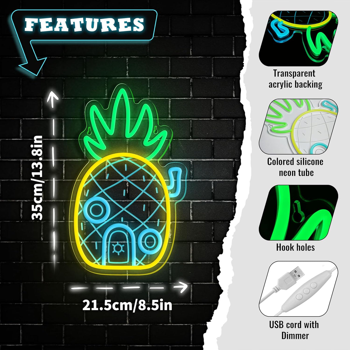 Pineapple House Neon Sign Dimmable LED Under Sea Pineapple Neon Signs for Wall Decor,Ocean Theme