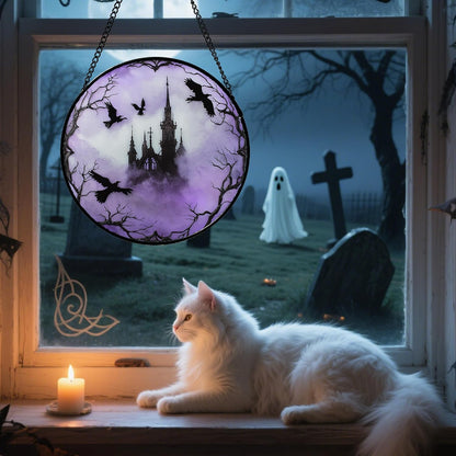 Stained Glass Window Hanging - Halloween Gothic Castle Purple Smoke Suncatcher for Doors Garden