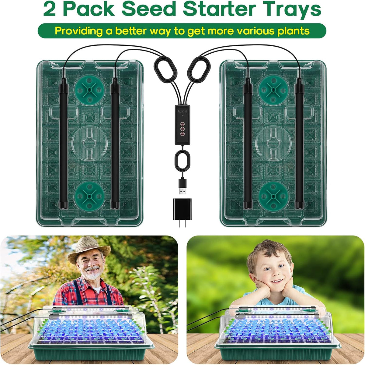 BlumWay Seed Starter Tray with Grow Light,2 Pack 80 Cells Seedling Tray Kit with Humidity