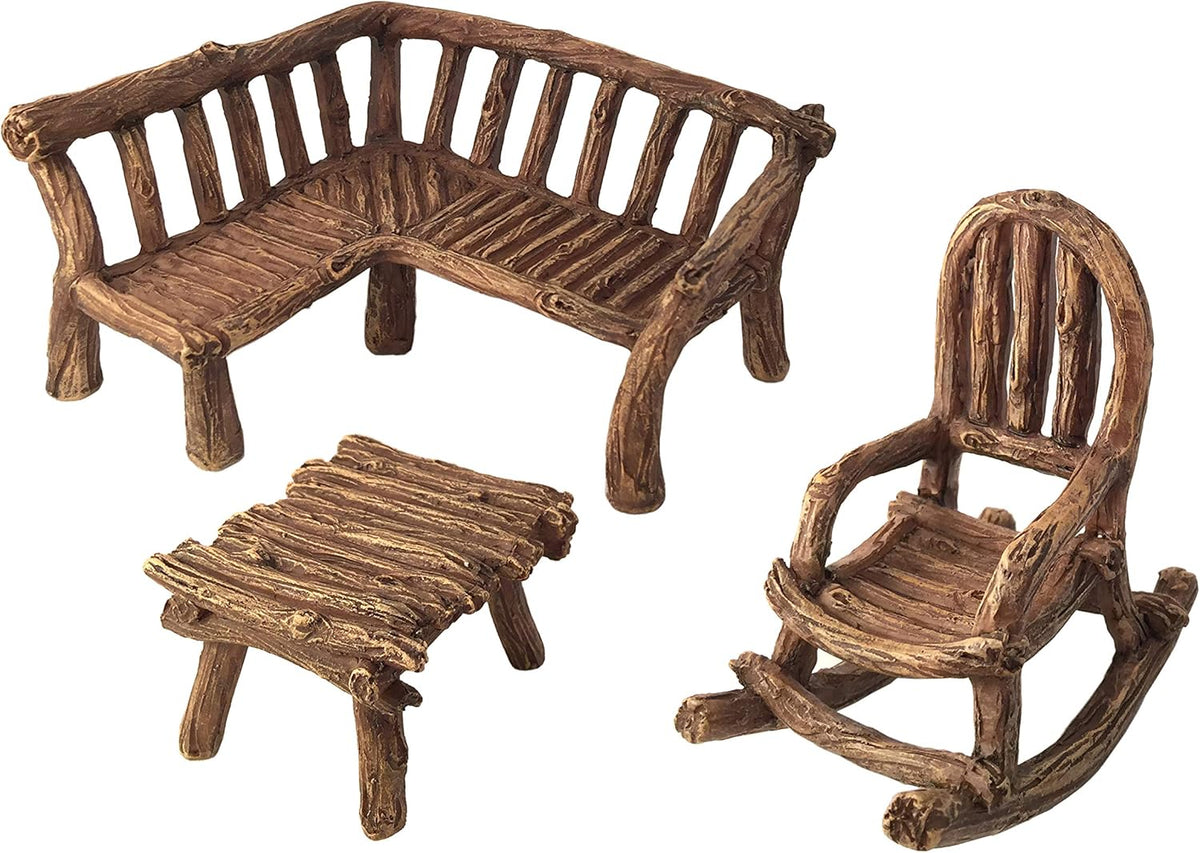 GlitZGlam Miniature Fairy Garden Furniture 3-Piece: Rustic Wood Bench, Rocking Chair and Miniature