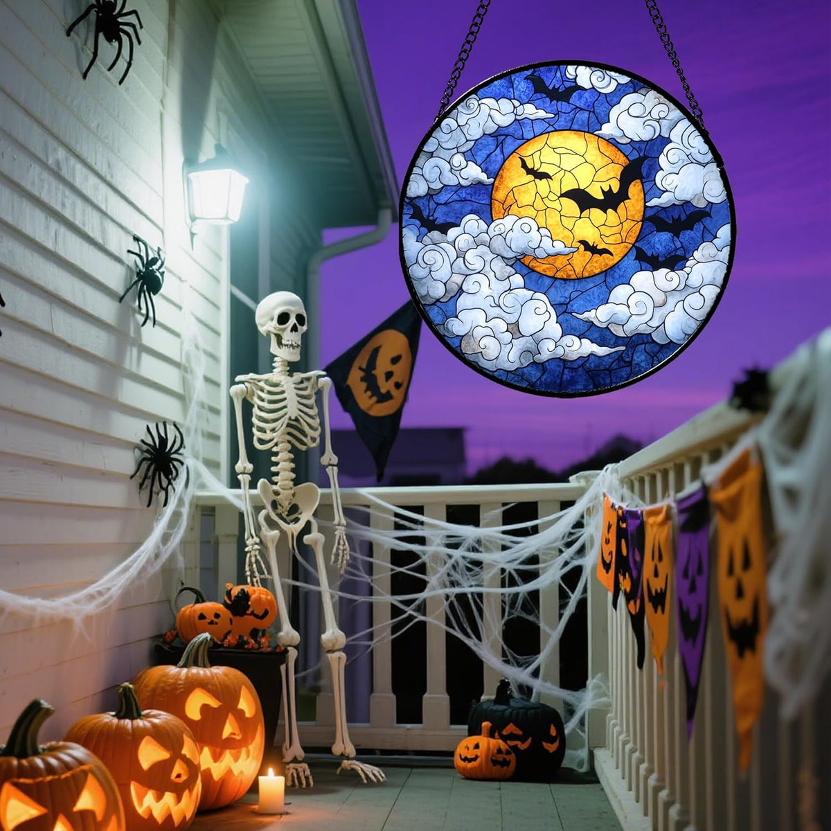 Stained Glass Window Hanging - Halloween Decorations Bats Moon Clouds Suncatcher for Doors Garden