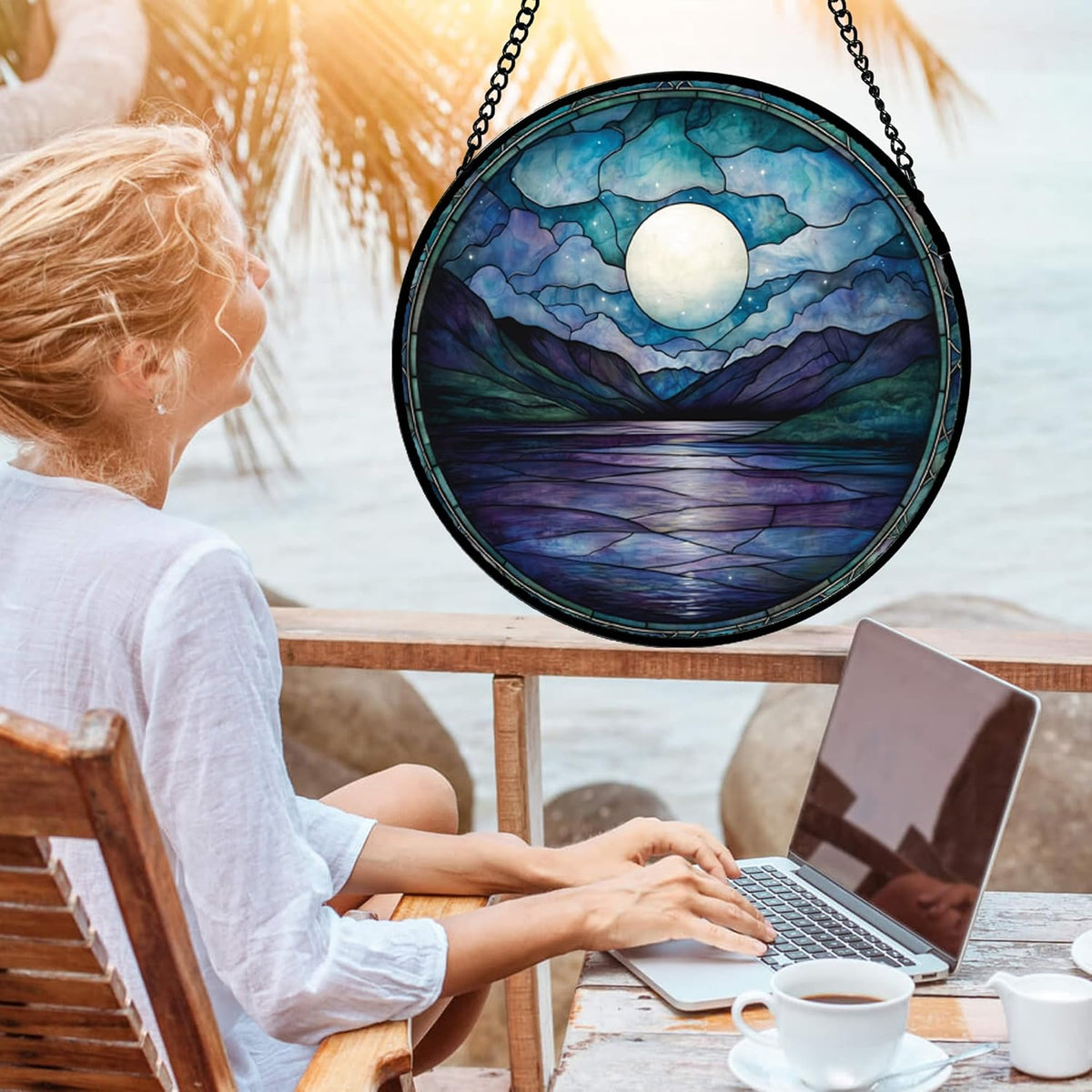 Stained Glass Window Hanging, Blue Night Moon Lake Sun Catchers Colorful Glass Panel Landscape
