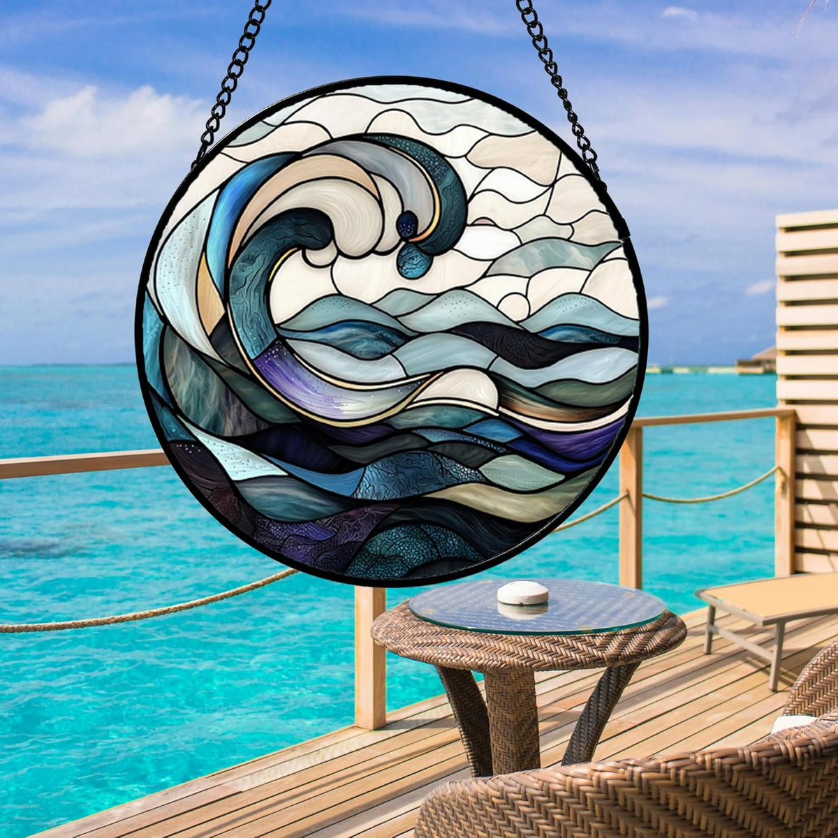 Stained Glass Window Hanging, Ocean Waves Sun Catchers Diamond Glass Panel Hangings Abstract