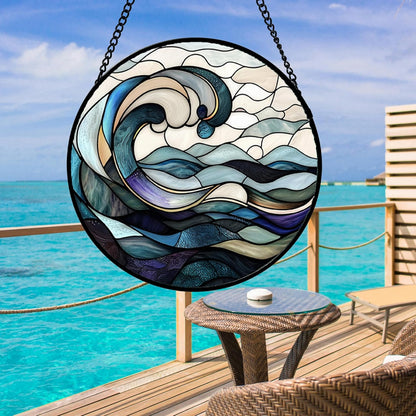 Stained Glass Window Hanging, Ocean Waves Sun Catchers Diamond Glass Panel Hangings Abstract