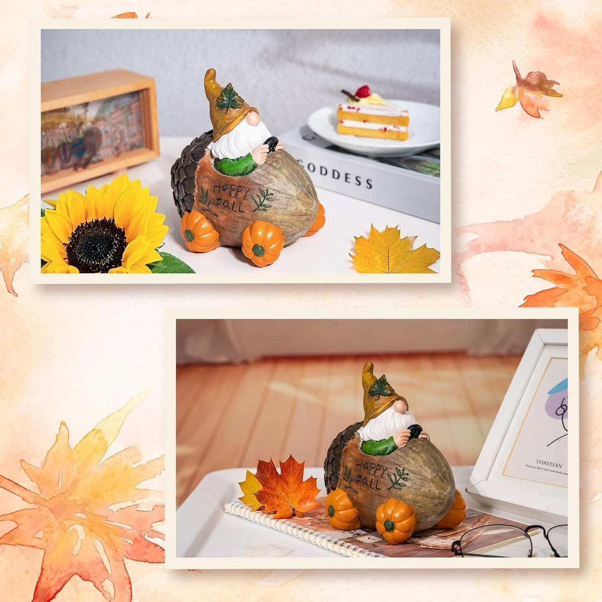 Topadorn Fall Gnome Statue Pine Cone Car with Pumpkin Wheel, Autumn Harvest Gnome Resin Figurine