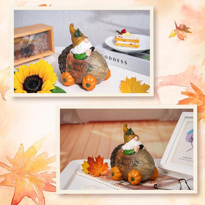 Topadorn Fall Gnome Statue Pine Cone Car with Pumpkin Wheel, Autumn Harvest Gnome Resin Figurine