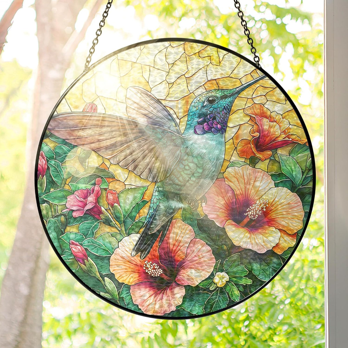 FLAGWIX Christmas Hummingbird Gifts for Women Men - Stained Glass Window Hanging 10 in - Sun