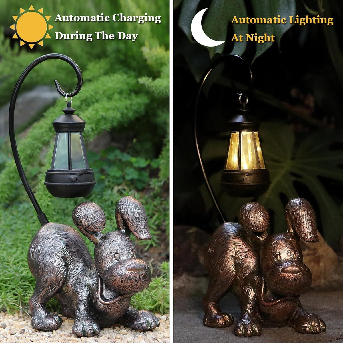 Laughing Dog Figurine with Solar-Powered LED Light 15.9 Inches Tall Antique Bronze, Perfect for