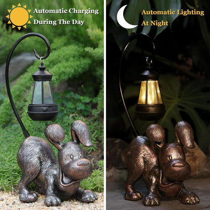 Laughing Dog Figurine with Solar-Powered LED Light 15.9 Inches Tall Antique Bronze, Perfect for