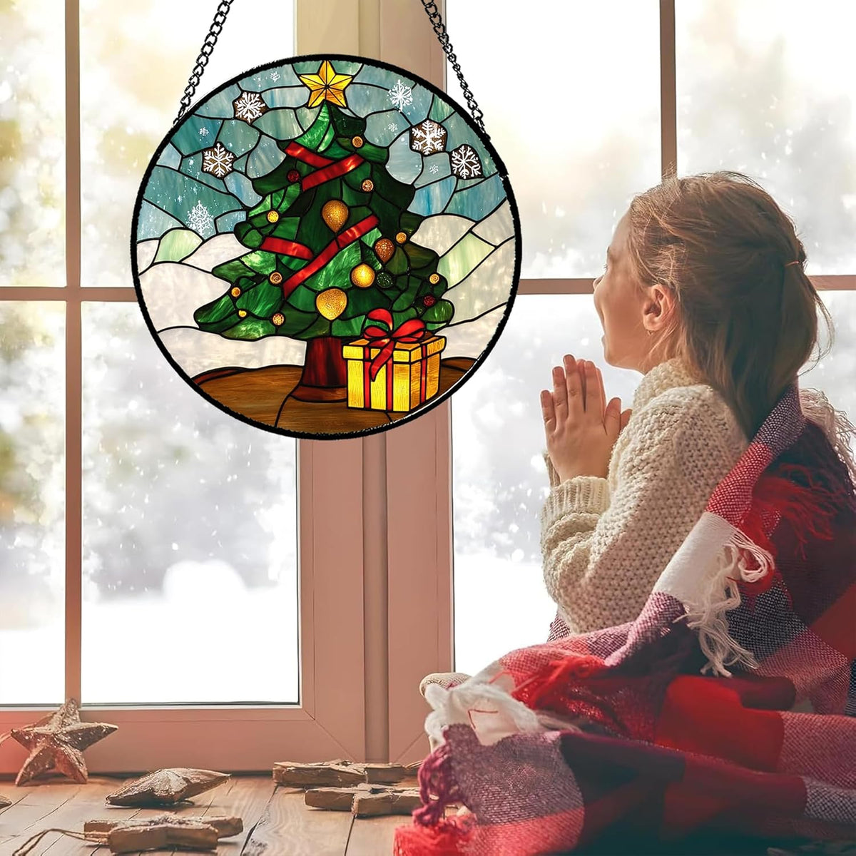Stained Glass Window Hanging Green Christmas Tree Snowflake Large 11.8" - Suncatcher Door Garden