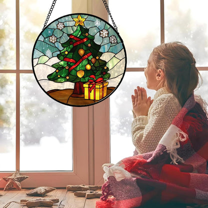 Stained Glass Window Hanging Green Christmas Tree Snowflake Large 11.8" - Suncatcher Door Garden