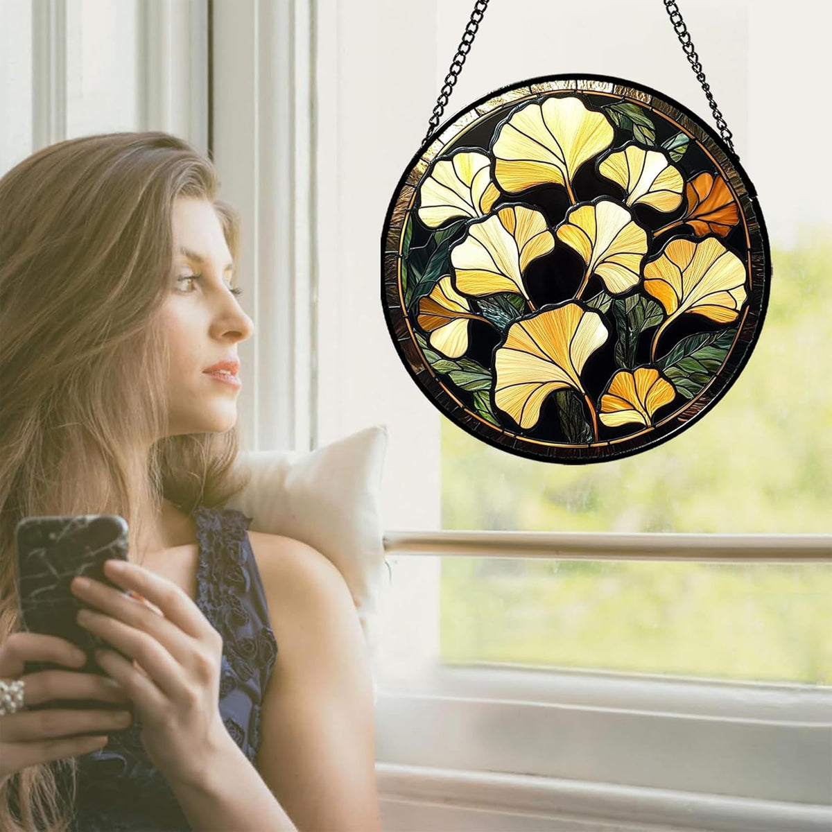 Stained Glass Window Hanging - Ginkgo Leaf Suncatcher for Doors Garden Patio Retro Fall Decor Sun