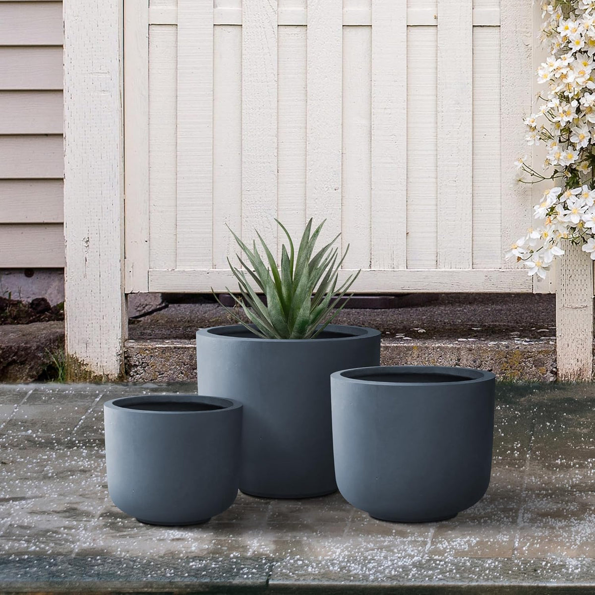 Kante 13",11",9" Dia Round Concrete Large Plant Pots Outdoor Indoor Planters Bowl with Drainage