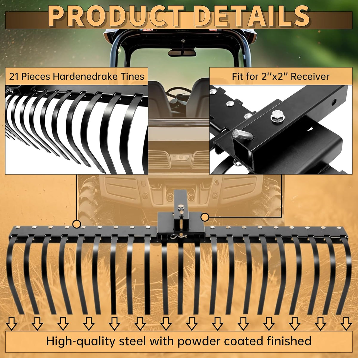 KUAFU 60 Inch Landscape Rake Pine Straw Rake Tractors Rake Fit for 2 Inch Receiver ATV UTV SxS