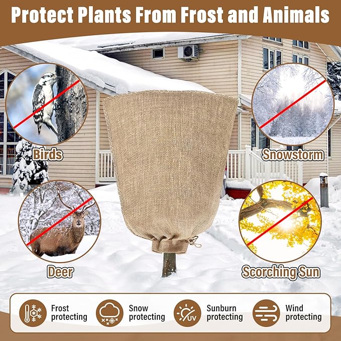 Riare 4 Packs 40 × 47 Inch Burlap Winter Plant Cover Bags with Drawstring- Reusable Large Burlap