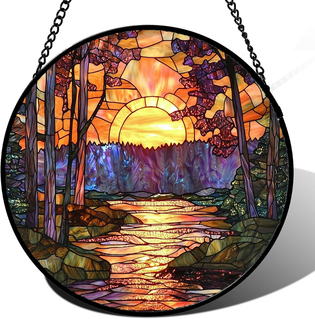 Stained Glass Window Hanging, Orange Landscape Green Purple Lake Forest Suncatcher for Doors Window