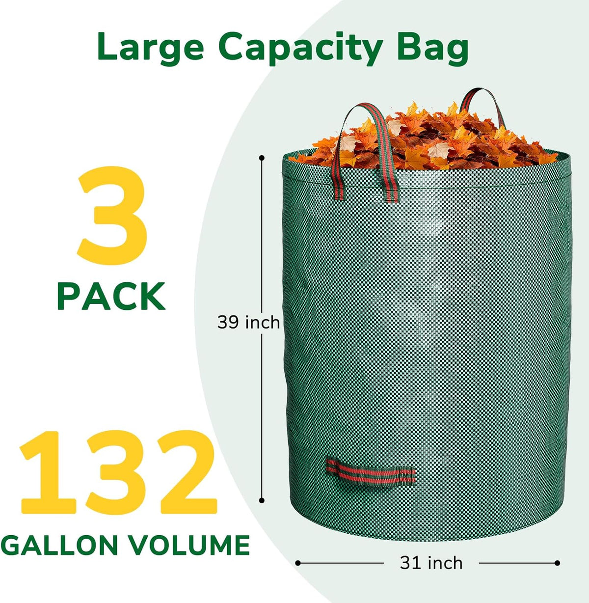 GreatBuddy 132 Gallon Reusable Yard Waste Bag, Heavy Duty, Upright Lawn Bags with 4 Reinforced