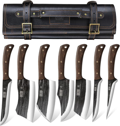 HOSHANHO Butcher Knife Set, Hand Forged Butcher Chef Knife Set with Roll Bag, Sharp Meat Cleaver