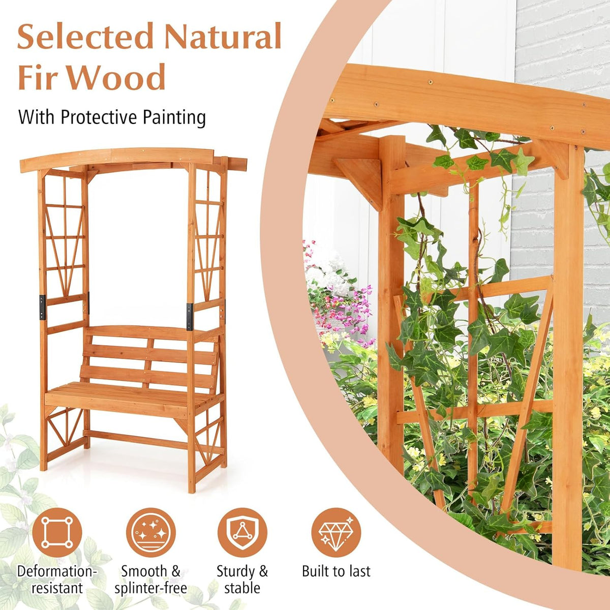 Giantex Garden Arbor with Bench - Wooden Garden Arch Trellis for Climbing Plants Vines, 2-Person