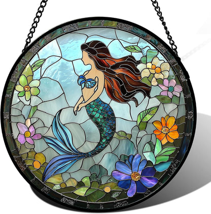 Stained Glass Window Hanging - Light Blue Mermaid Suncatcher for Door Terrace Garden Home Decor