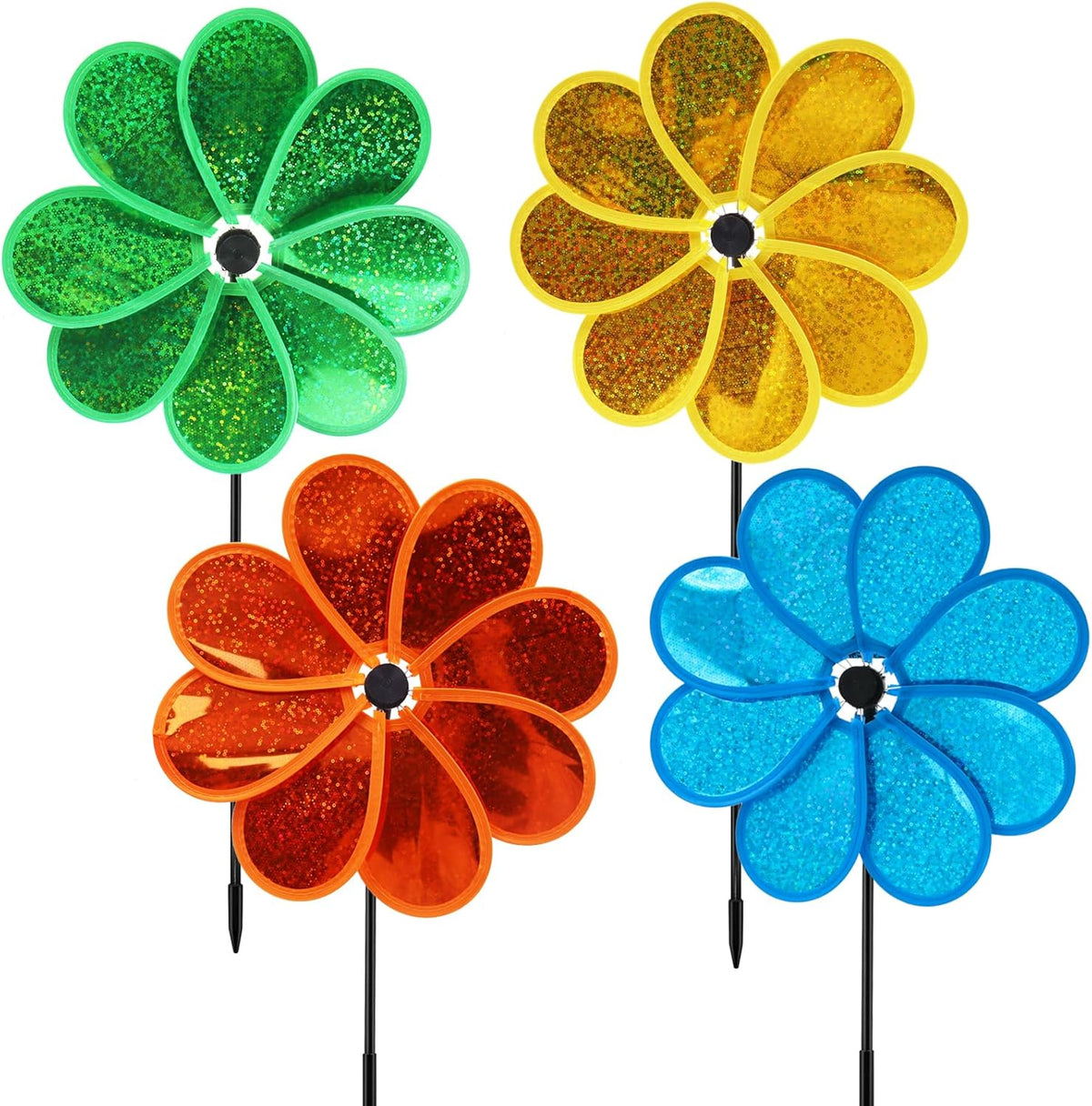 4PCS Flower Wind Spinner Sparkly Lawn Pinwheel 11.8 inch Colorful Green Yellow Orange Light Blue