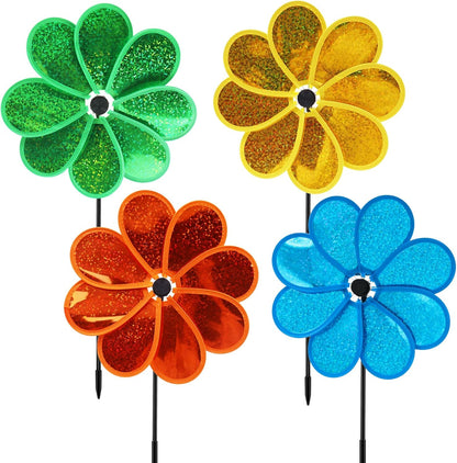 4PCS Flower Wind Spinner Sparkly Lawn Pinwheel 11.8 inch Colorful Green Yellow Orange Light Blue