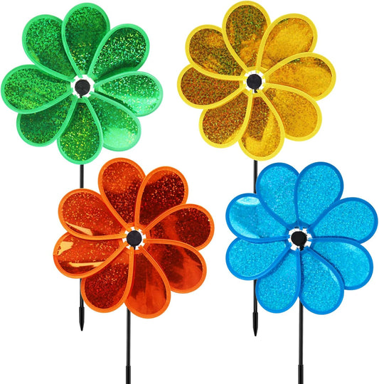 4PCS Flower Wind Spinner Sparkly Lawn Pinwheel 11.8 inch Colorful Green Yellow Orange Light Blue