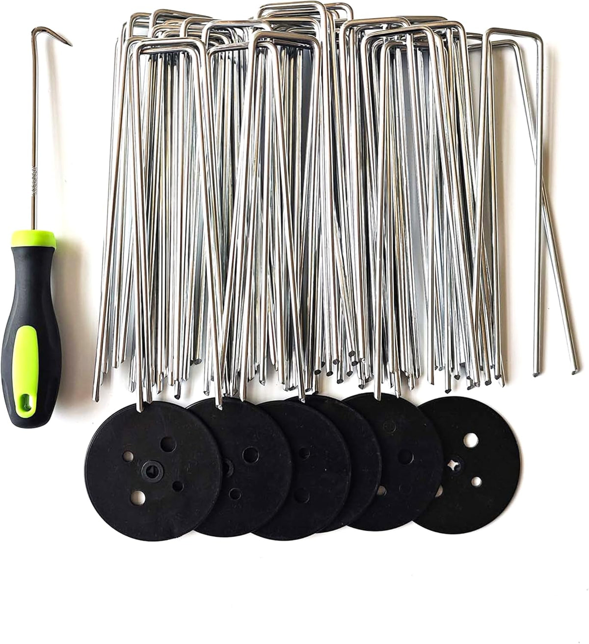 50 PCS 6 Inches Galvanized Landscape Staples, 50 PCS Gaskets and 1 Pick Hook, Heavy Duty Anti-Rust