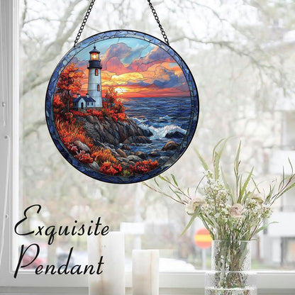 Coastal Lighthouse in Autumn Suncatcher -7.9 in Stained Glass Window Hanging Sun Catcher Garden