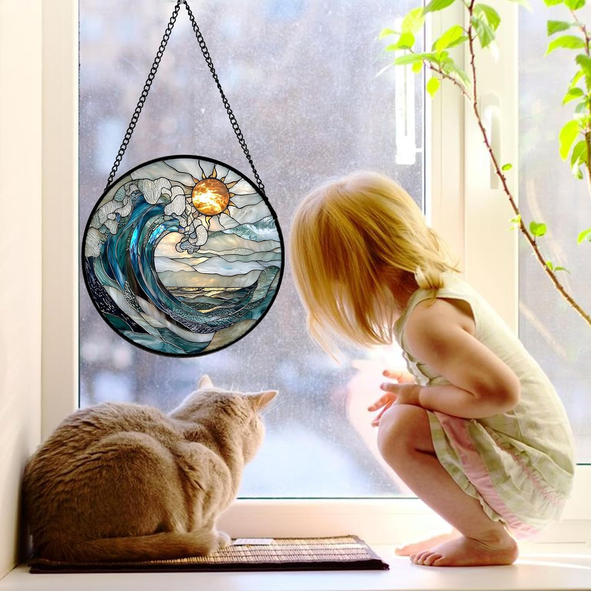 Stained Glass Window Hanging, Blue and White Waves Suncatcher Diamond Glass Panel Landscape Sun