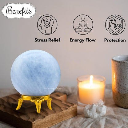 Amazing Gemstone Blue Calcite Crystal Ball with Stand - 2" Inches Crystal Sphere Meditation Balls