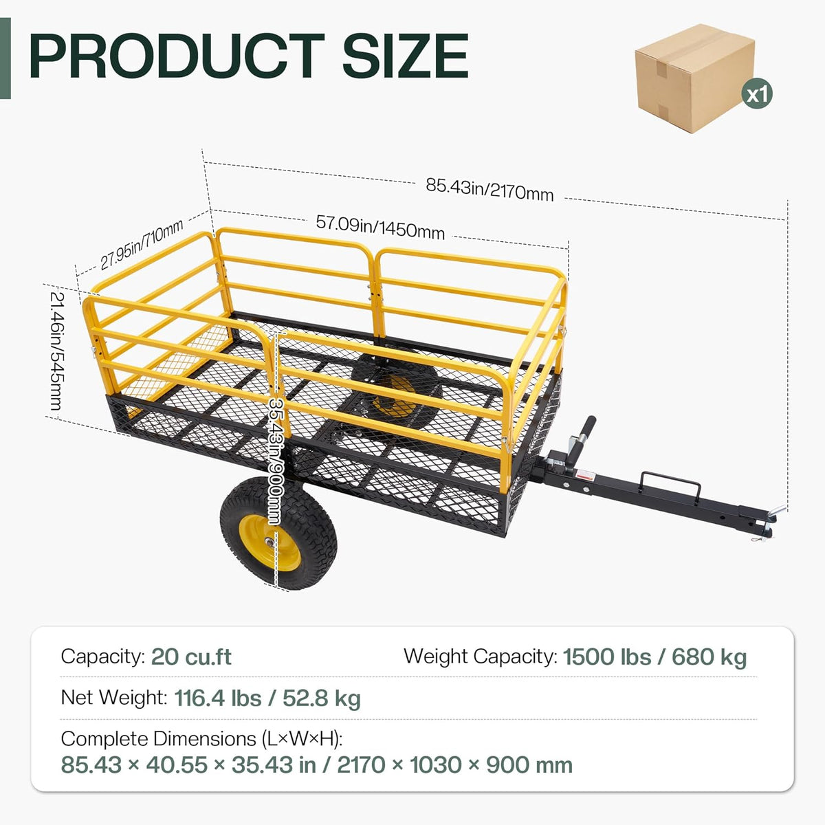 Jocisland Heavy Duty Garden Utility Trailer, 1500 Lbs 20 Cu.Ft ATV UTV Trailer Tow Behind Dump Cart