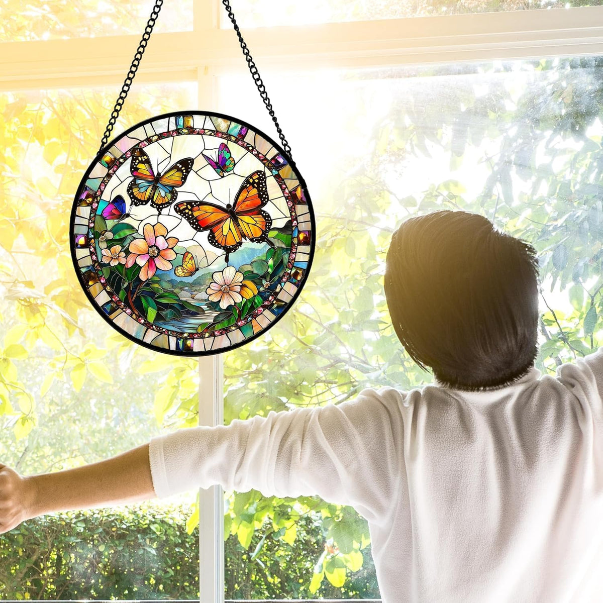 Stained Glass Window Hanging, Butterflies Flying in The Sky Suncatcher for Doors Home Sun Catchers