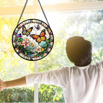 Stained Glass Window Hanging, Butterflies Flying in The Sky Suncatcher for Doors Home Sun Catchers