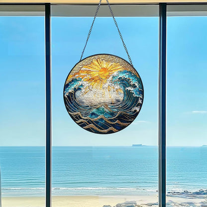 Ocean Wave Sunset Suncatcher Stained Glass Window Hanging - 10" Hand-Painted Sun Catcher Garden