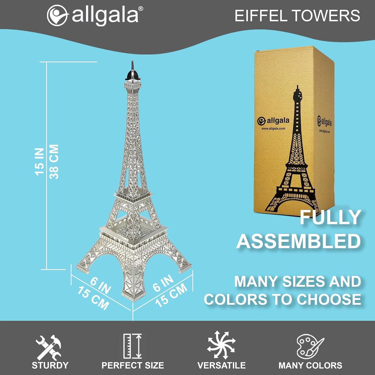 allgala 15" Eiffel Tower Statue Decor Alloy Metal, Silver