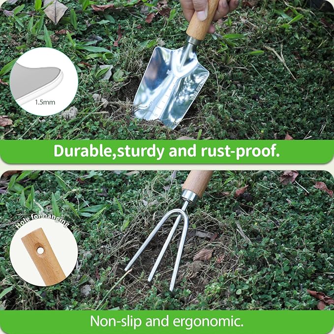 Garden Tool Set, 2 Pieces Stainless Steel Heavy Duty Garden Tools, Gardening Kit with Wooden Handle