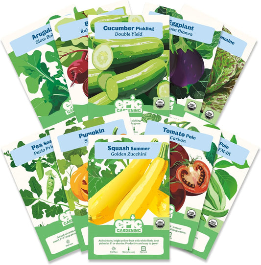 Epic Gardening Organic Vegetable Garden Kit - 10 Non-GMO Varieties, Includes Tomatoes, Squash