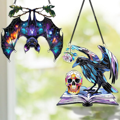 2 Halloween Decorations Bat Raven Acrylic Suncatchers, Window Hanging Bat Gothic Decor, Spooky