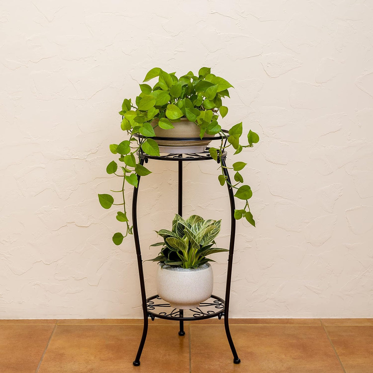FaithLand Plant Stand, Metal Planter Holder Indoor Outdoor, 2 Tier Round Potted Supports Rack