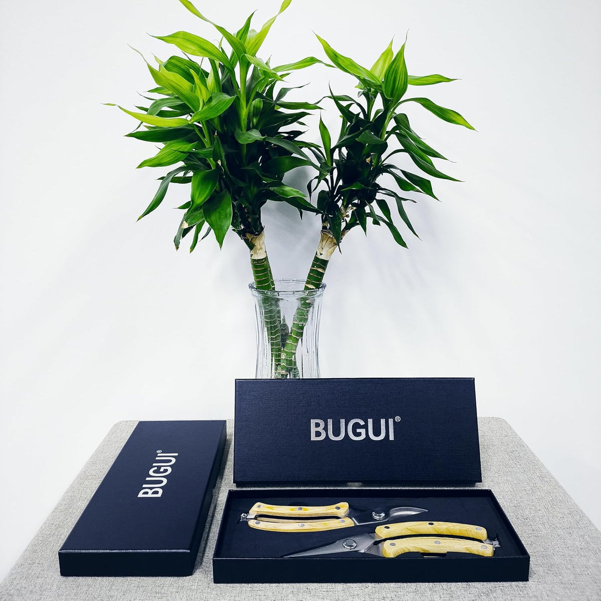 BUGUI 8” Wood Handle Garden Scissors, Set of 2, Includes Bypass Pruning Shears and Long Straight
