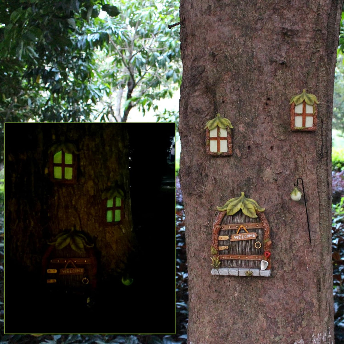 Fairy Door and Windows Garden Kit Accessories Outdoor, Glow in Dark Gnome House for Tree, Lawn Yard