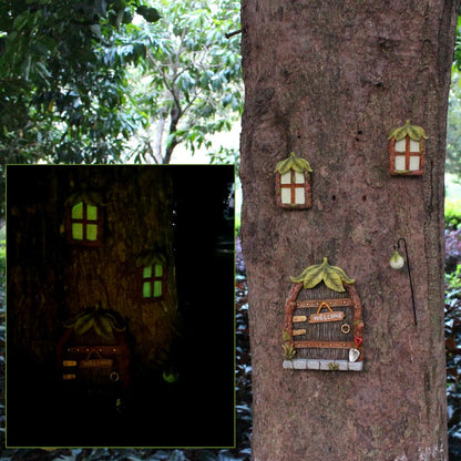Fairy Door and Windows Garden Kit Accessories Outdoor, Glow in Dark Gnome House for Tree, Lawn Yard