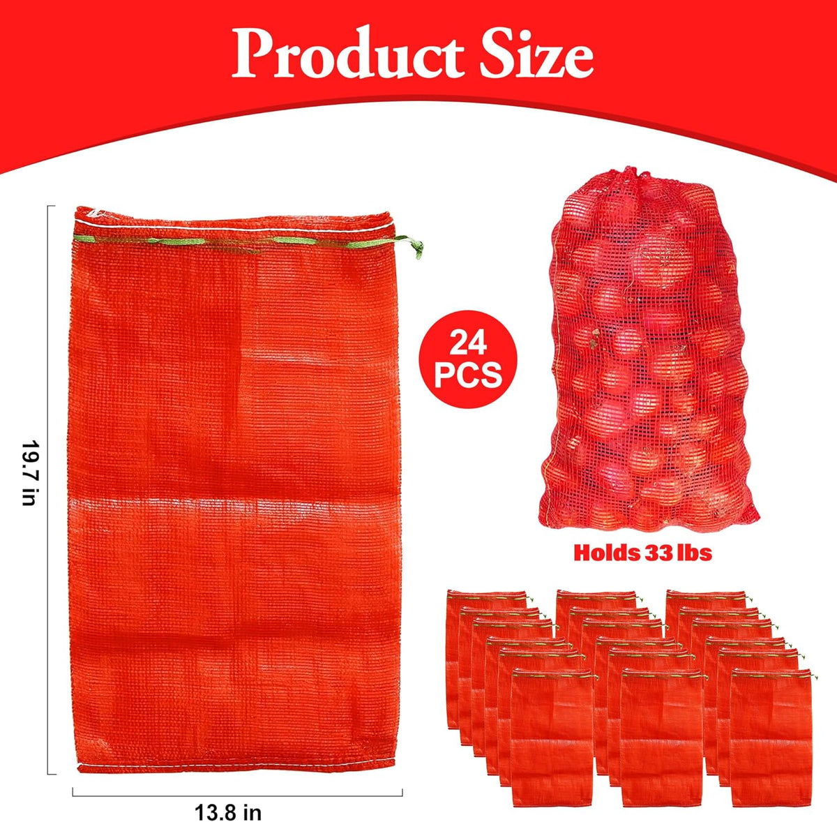 24 Pack 20'' x 14'' Mesh Onion Bags, Reusable Drawstring Fresh Produce Storage Bags for Onions
