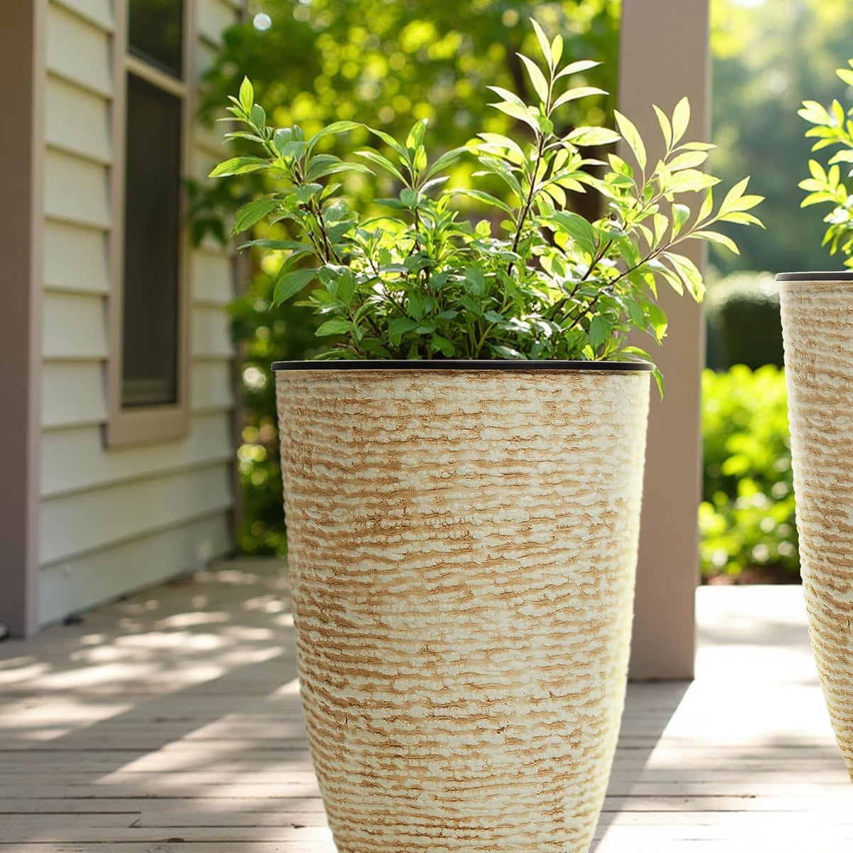 WORTH Garden 2-Pack 21" H. Beige Tall Planters with Inside Pots - 14'' Dia Plastic Large Round